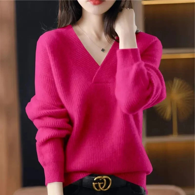 Cashmere Sweater Women's 100% Wool Sweater Fashion V-neck Knitted Pullover 2024 Winter and Autumn New Loose Solid Soft Sweater