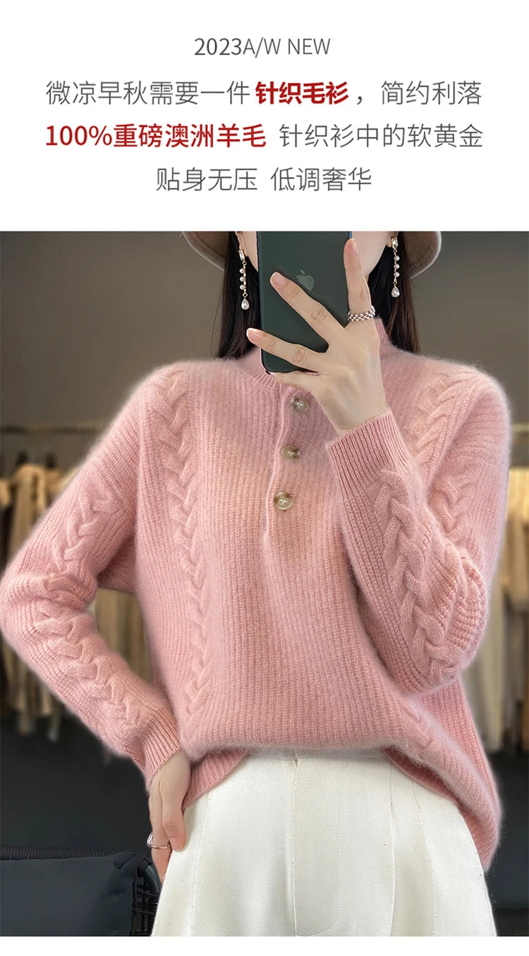 Cashmere Sweater Women's 2023 Autumn/Winter New Knitted Half High Collar Pullover 100% Wool Loose Korean Fashion Luxury Top