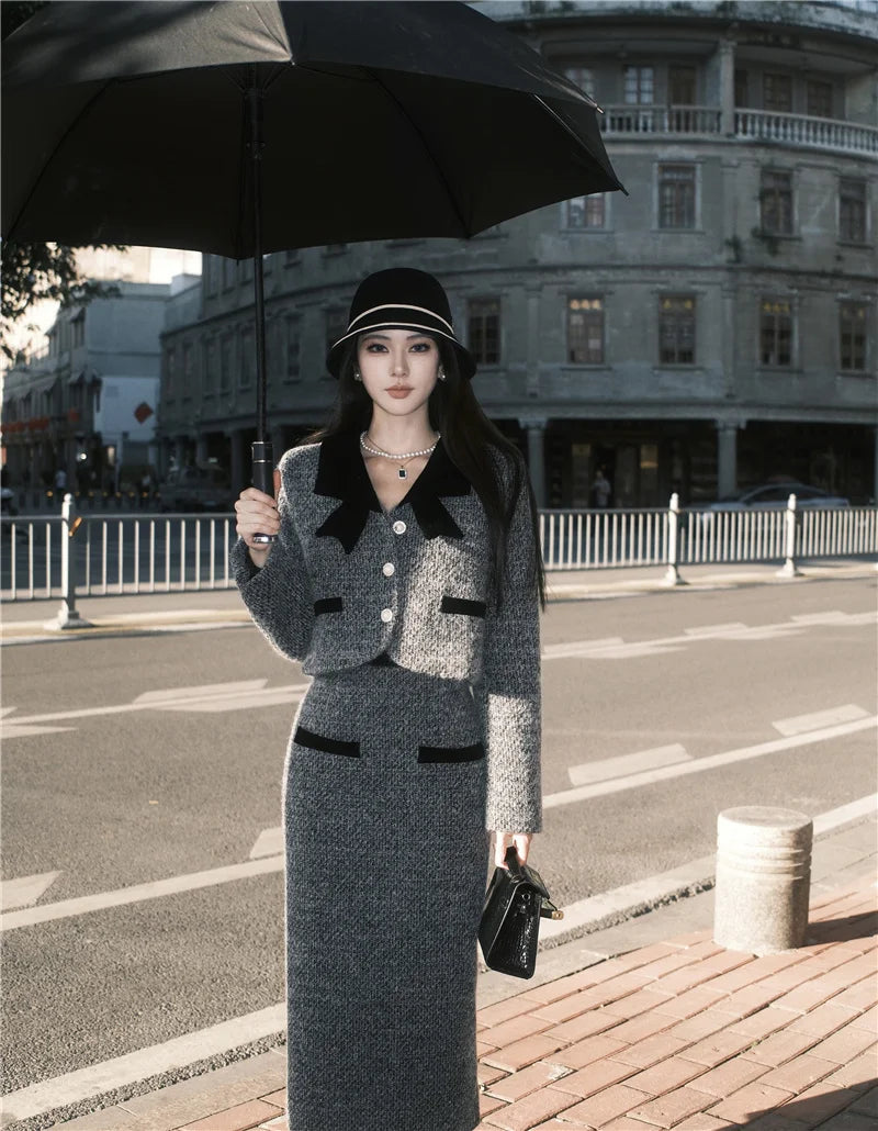Winter Outfit Women 2024 New Elegant Lady Thickened 2 Pieces Sets Women Sweet Fashion Short Coat High Waist Long Skirt Suits
