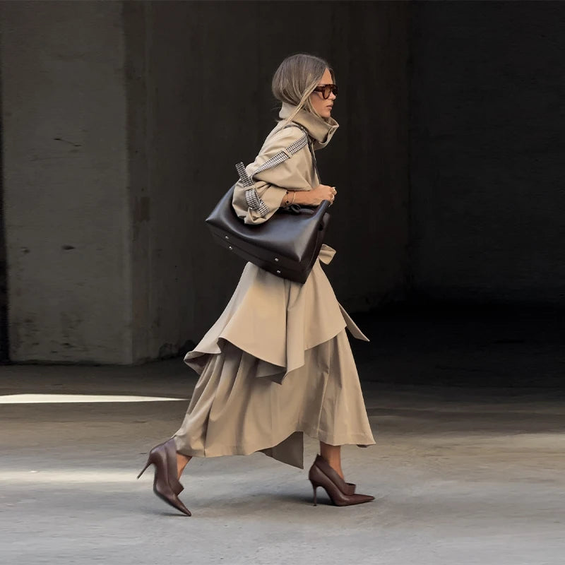 Women's Trench Coat Double Breasted Stand Collar Epaulet Lace Up Long Windbreaker Office Lady Winter Autumn Solid Slim Outerwear