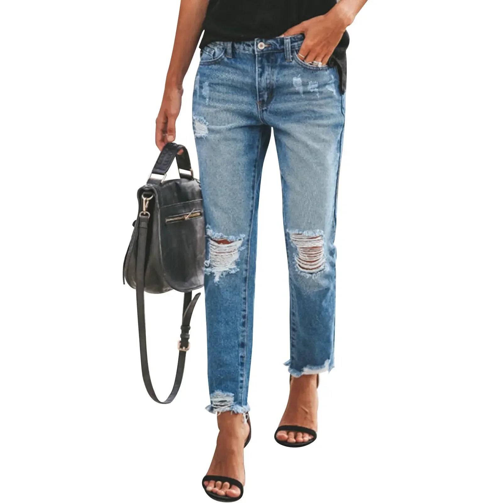 New Women's Slim Jeans Fashion Casual Ripped Denim Pants Spring Autumn Office Lady Work Trousers High-waisted Straight Jeans