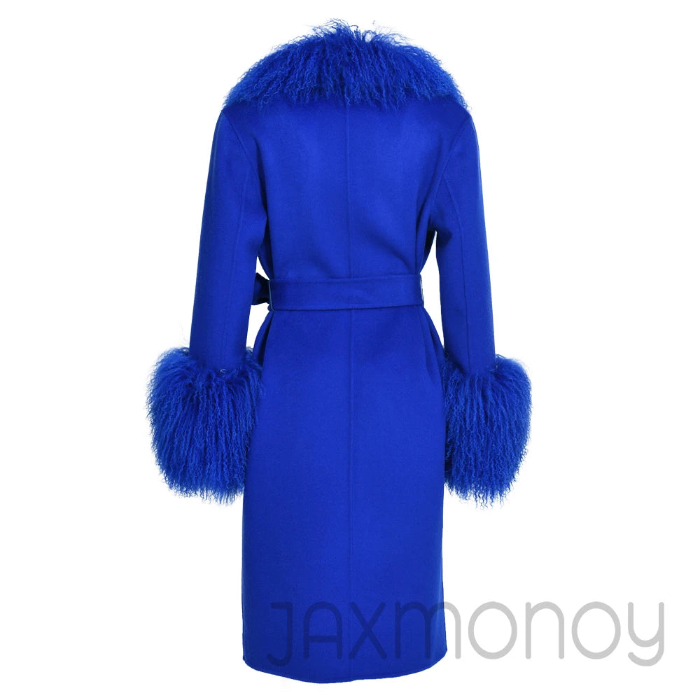 Women Cashmere Wool Coat With Real Mongolian Sheep Fur Collar  Ladies Autumn Winter Fashion Long Outwear Full Sleeve Fur Jacket