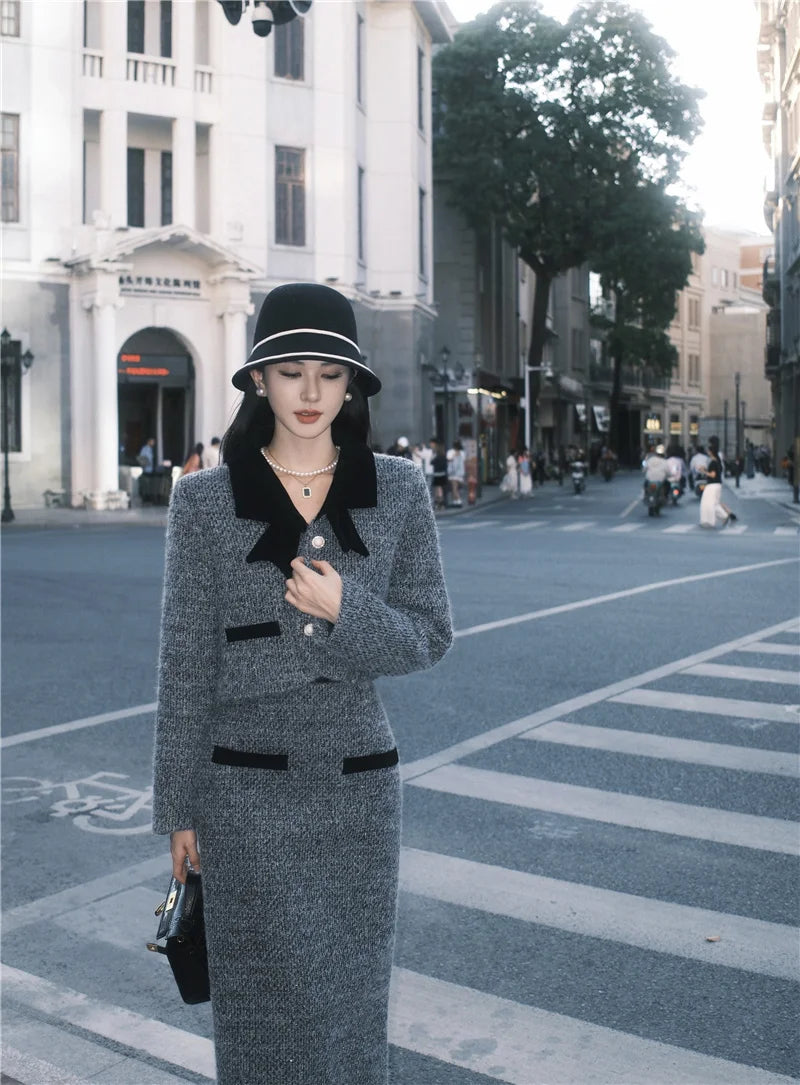 Winter Outfit Women 2024 New Elegant Lady Thickened 2 Pieces Sets Women Sweet Fashion Short Coat High Waist Long Skirt Suits