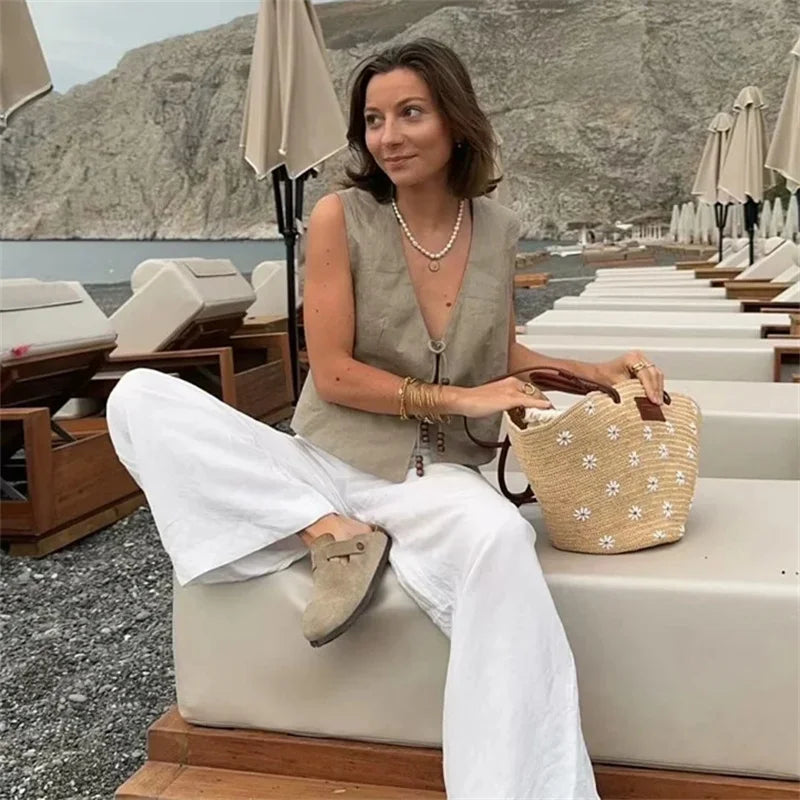 MUJER Beading Sleeveless Vest Woman V Neck Black Cropped Vest Women Jacket Tied Short Coats Waistcoat Women's Fashion Vests 2025