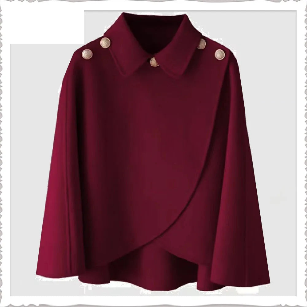 Fashion Woolen Shawl Coat For Women 2025 Autumn Winter New Woolen Jacket Short Outerwear Cape Red Black Coat Tops Female