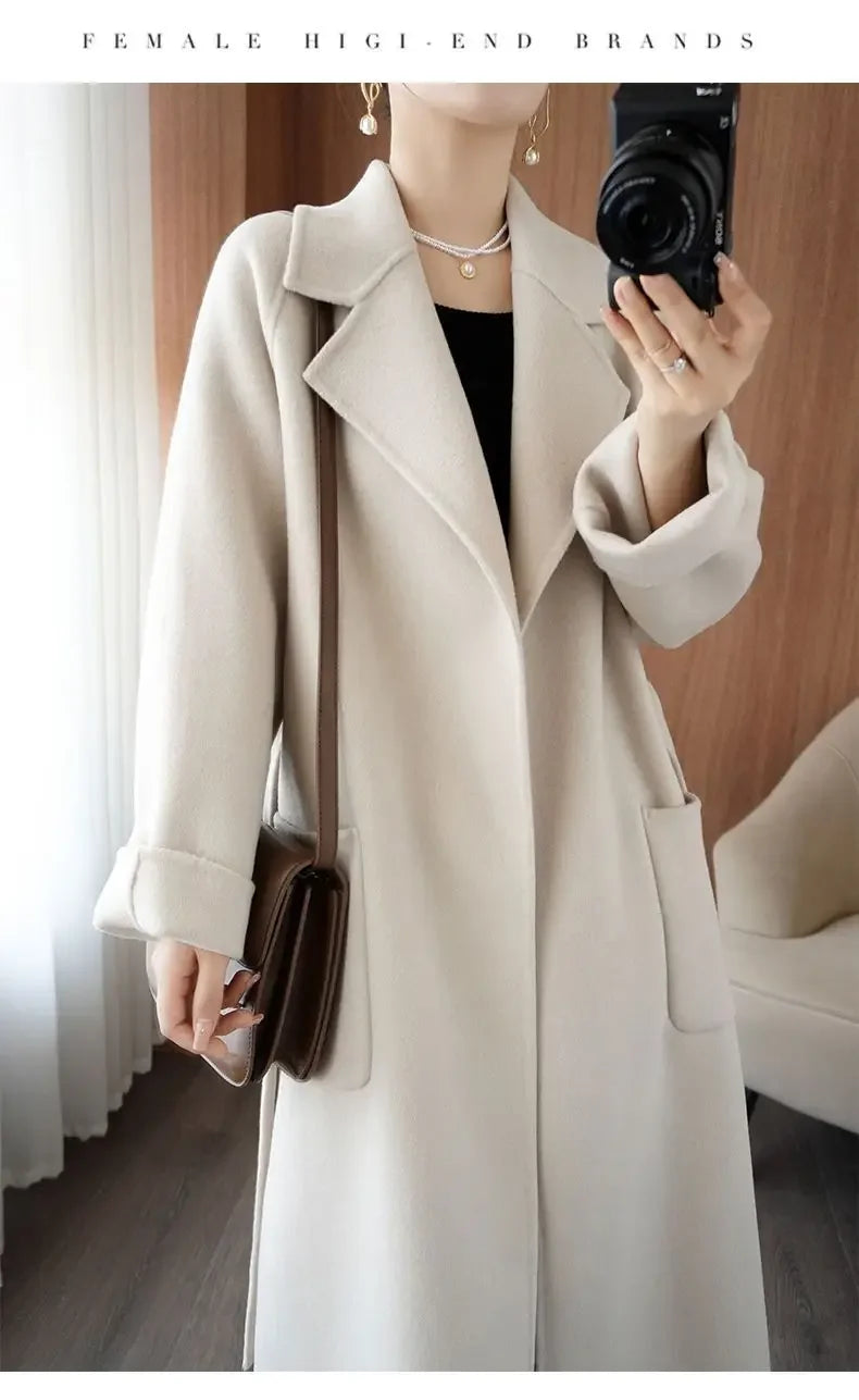 100% Wool Coat Women's Wear 2025 Autumn/Winter Fashion Temperament Double sided Cashmere Coats with Belt Elegant Long Overcoat