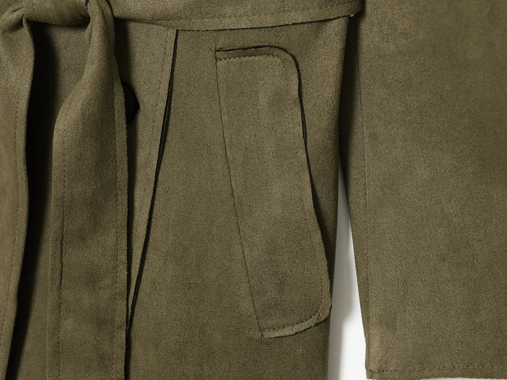 2025 Winter New Women's Casual Fashionable Simple Lapel Double-Breasted Long Trench Coat with Belt and Suede