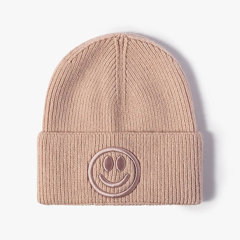 Wool hat female Korean versioncartoonsmiley face embroidered knittedautumn andwintermen'soutdoorwarm thickened brimless cold hat
