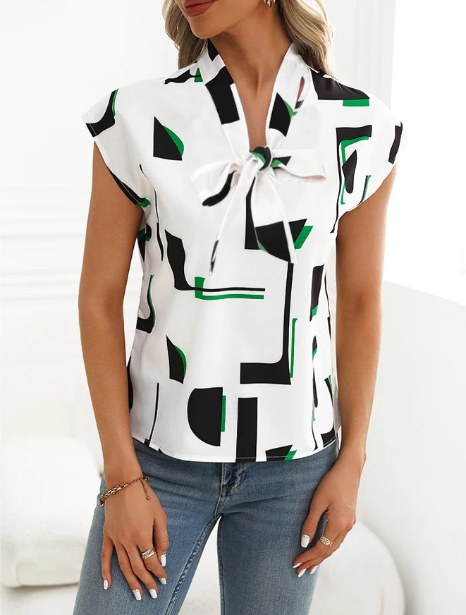 Women's shirt multi-style bow V-neck casual short-sleeved top chiffon shirt striped print design fashion commuter ladies top shi