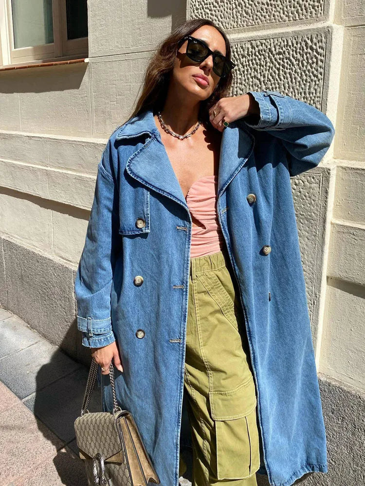 Denim Trench Coats For Women Belt On Waist Slim Jean Coats Ladies Jaqueta Feminina Blue Jean Jacket Woman