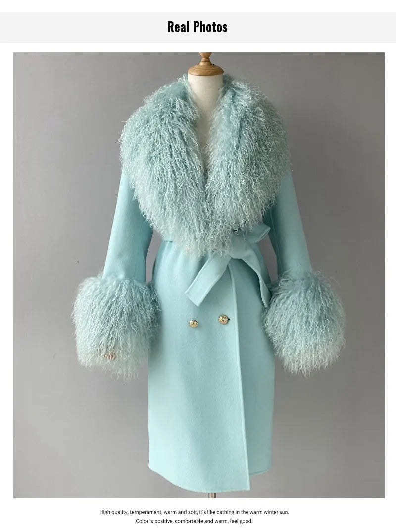 Women Cashmere Wool Coat With Real Mongolian Sheep Fur Collar  Ladies Autumn Winter Fashion Long Outwear Full Sleeve Fur Jacket