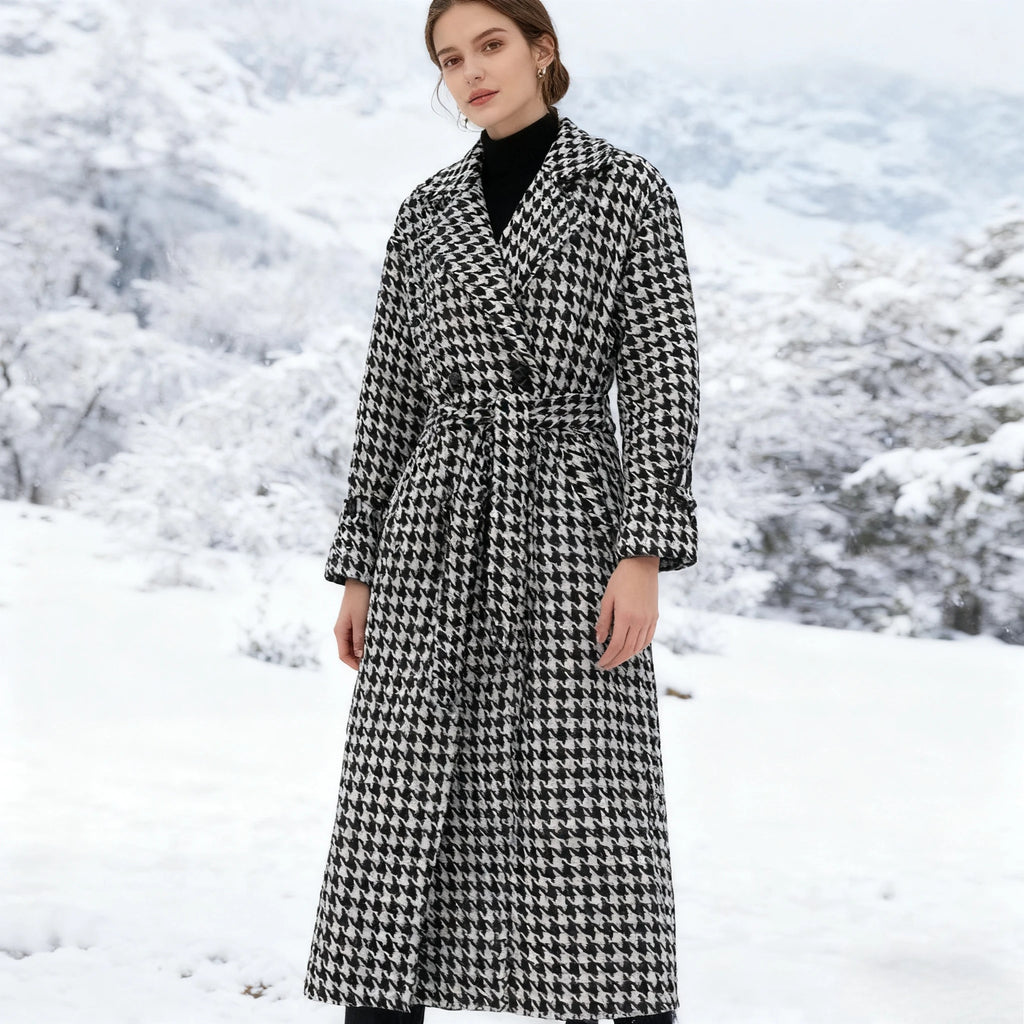 Long Coat Women Coats Work Turn Down Collar Houndstooth Thick Work Trench Streetwear Elegant Jackets Open Stith Autumn Winter