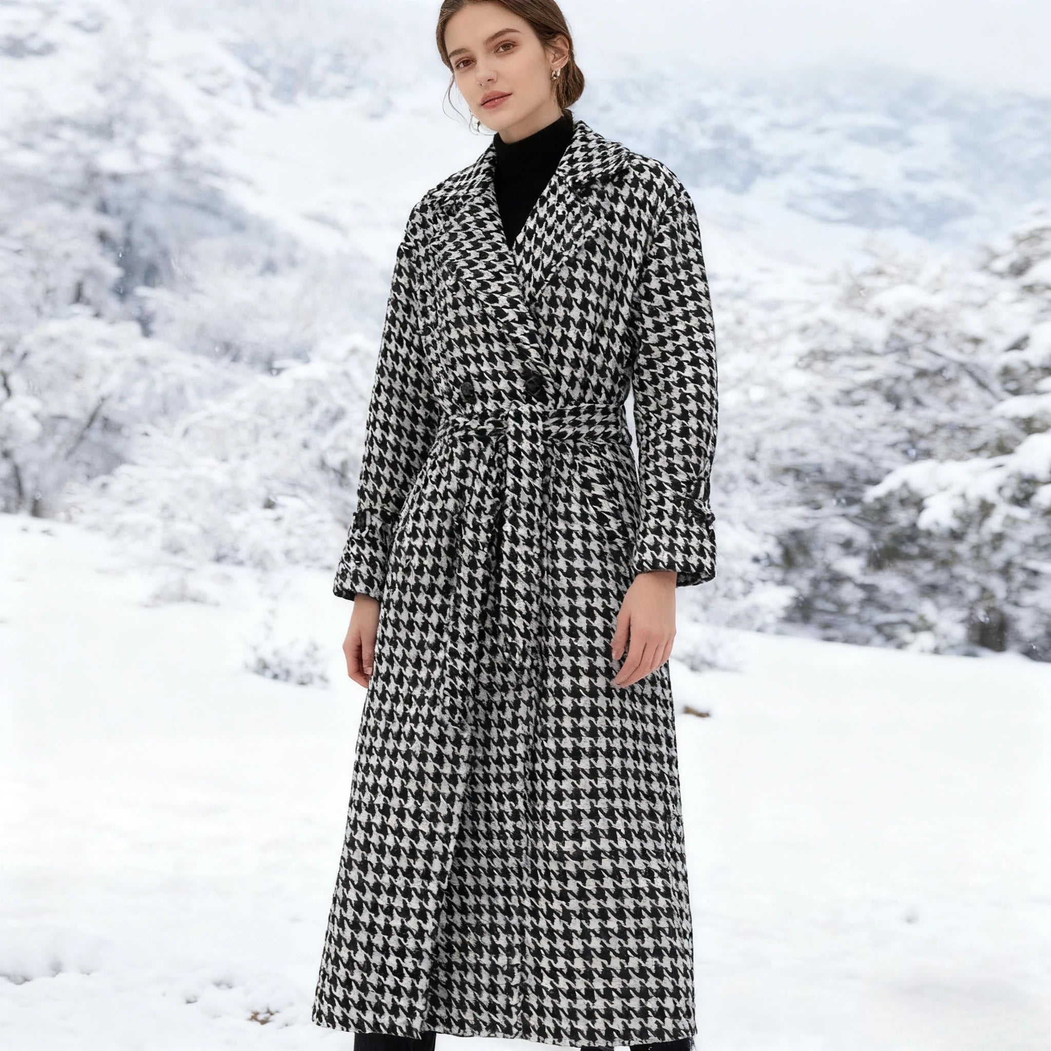 Long Coat Women Coats Work Turn Down Collar Houndstooth Thick Work Trench Streetwear Elegant Jackets Open Stith Autumn Winter