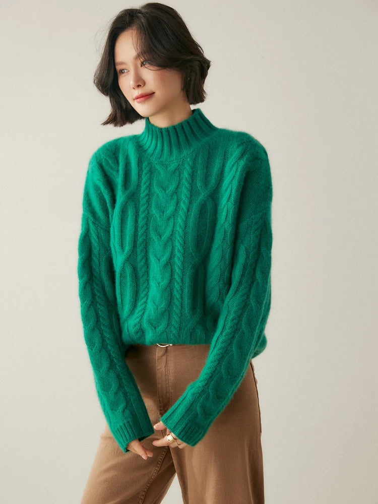 Women 100% Cashmere Sweater Mock Neck Pullover Cable Knitting Vintage Loose Style Thickened Cashmere Knitwear Autumn Winter Tops