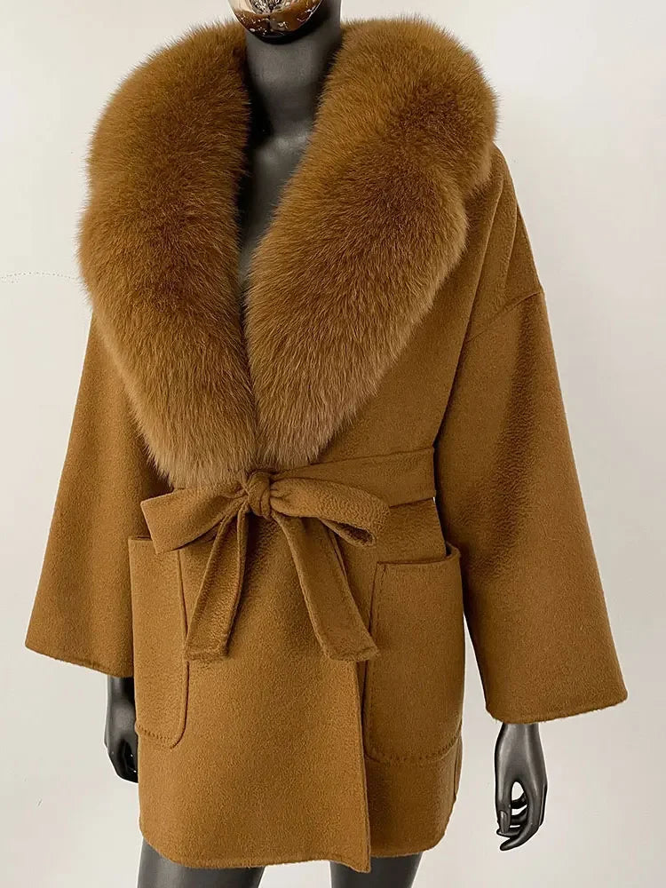 2025 Winter Fashion Women Double-sided Wool Cashmere Coat with Detachable Natural Fox Fur Collar Luxurious Genuine Fur Coat