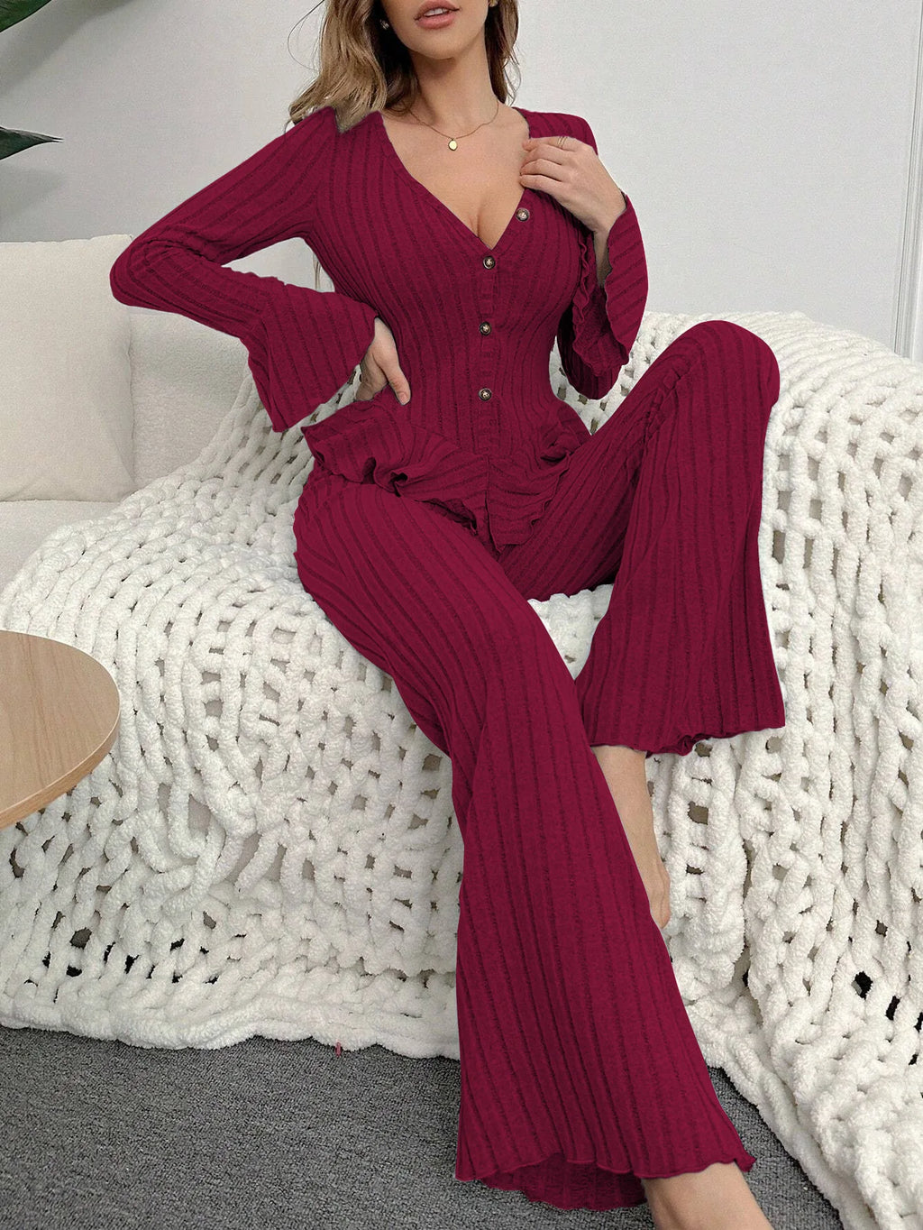 Women Sleepwear Autumn Winter Sexy Pajamas Sets Two Pieces V Neck Long Sleeve Tops and Trousers Set Loungewear Home Clothes