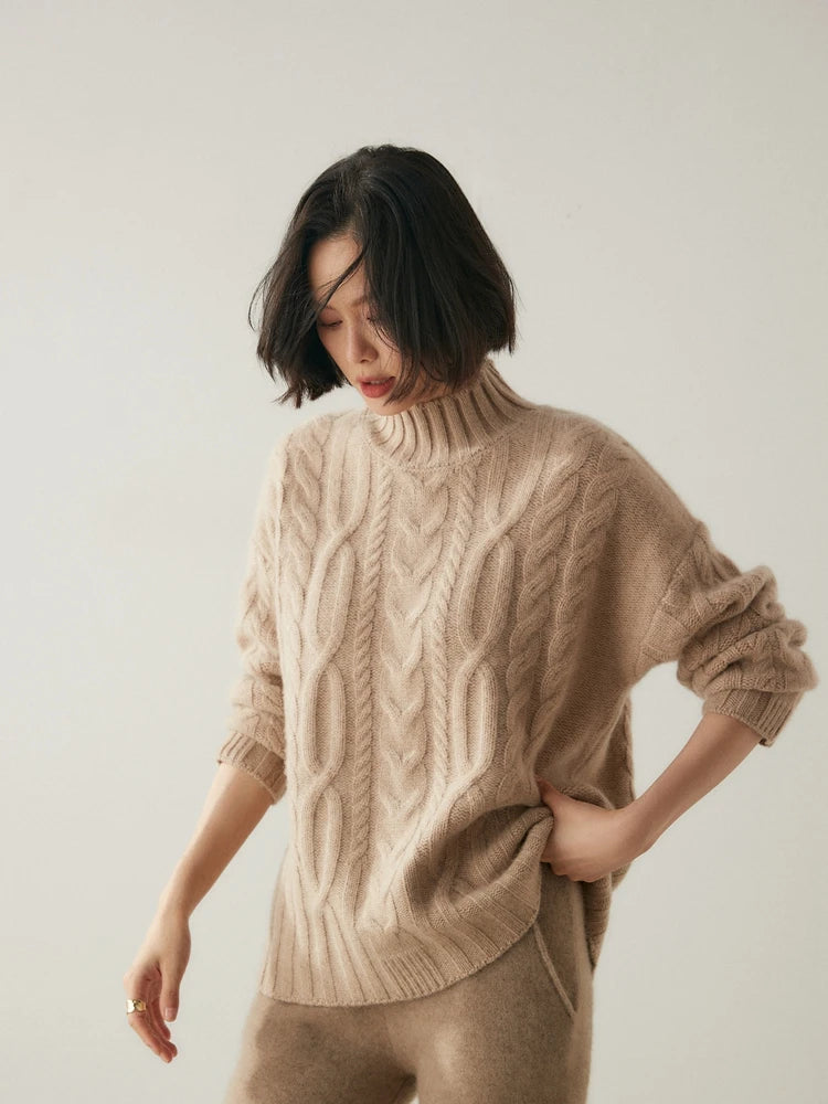 Women 100% Cashmere Sweater Mock Neck Pullover Cable Knitting Vintage Loose Style Thickened Cashmere Knitwear Autumn Winter Tops