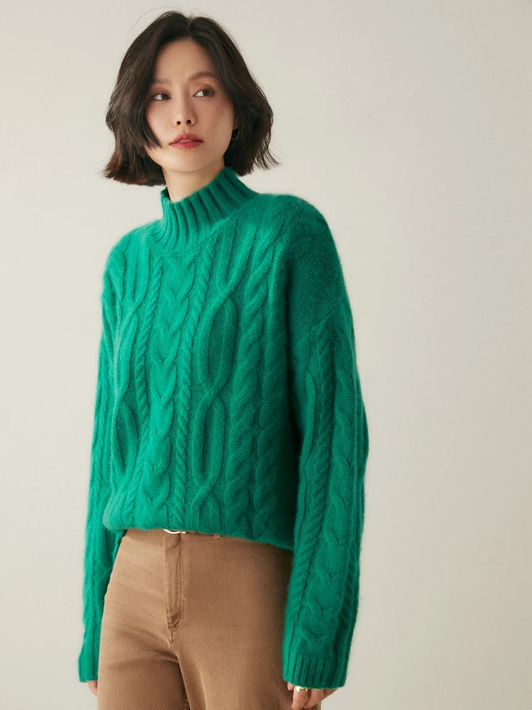 Women 100% Cashmere Sweater Mock Neck Pullover Cable Knitting Vintage Loose Style Thickened Cashmere Knitwear Autumn Winter Tops