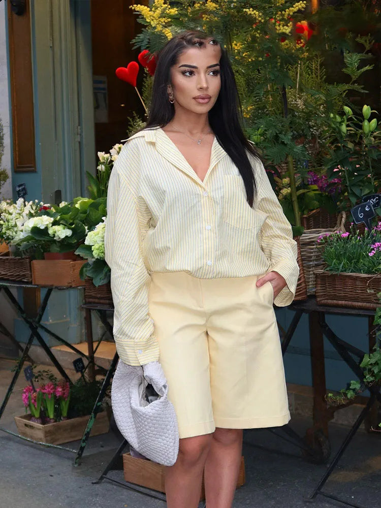 HH Women Elegant Commuter Shirt Splicing Loose Striped Single-breasted Lapel Blouse Female Spring Casual Long-sleeved Top