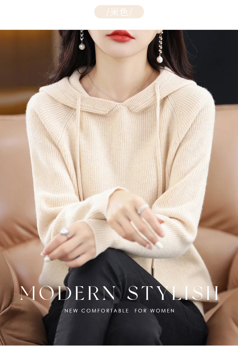 2023 New Cashmere hooded sweater Women Long Sleeve Autumn and Winter Knit hooded Pullover Solid Color Cashmere Base