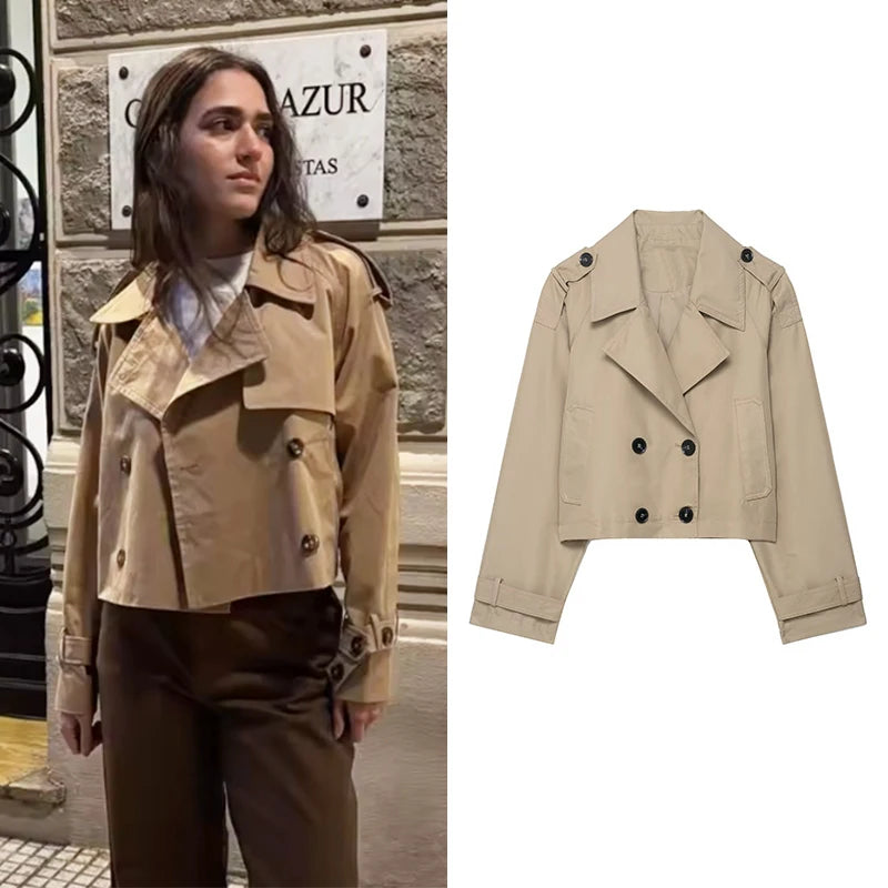 Women's Short Trench Fashion Double Breasted Turn-down Collar Long Sleeve Trench Coats Vintage Ladies Jacket Outerwear
