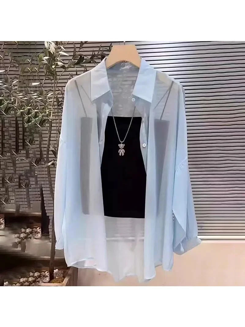 New Women's Shirt | Lightweight Breathable, Solid Color, Straight Button Placket, Lapel, Long-Sleeve, Outerwear & Sun-Protective