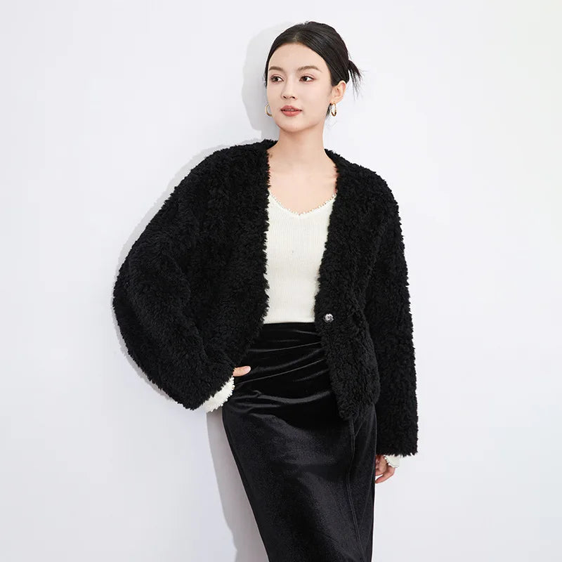 100% Wool Short Jackets for Women 2024 Autumn Winter V Neck Lamb Wool Coat Womens Clothing Fashion Outerwears Casaco Feminino