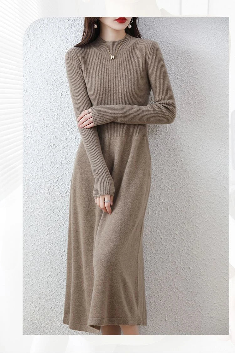 Wool Dress Long Cashmere Waist Over Knee Knit Sweater Skirt Elegant and Fashionable Women's Clothing in Autumn and Winter