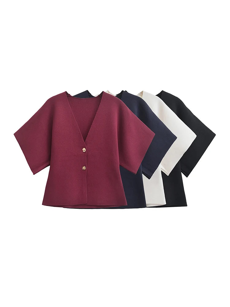 2024 European and American style autumn new women's fashion simple style casual plain needle short sleeve V neck knitted top