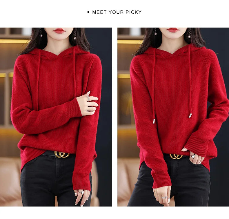 2023 New Cashmere hooded sweater Women Long Sleeve Autumn and Winter Knit hooded Pullover Solid Color Cashmere Base