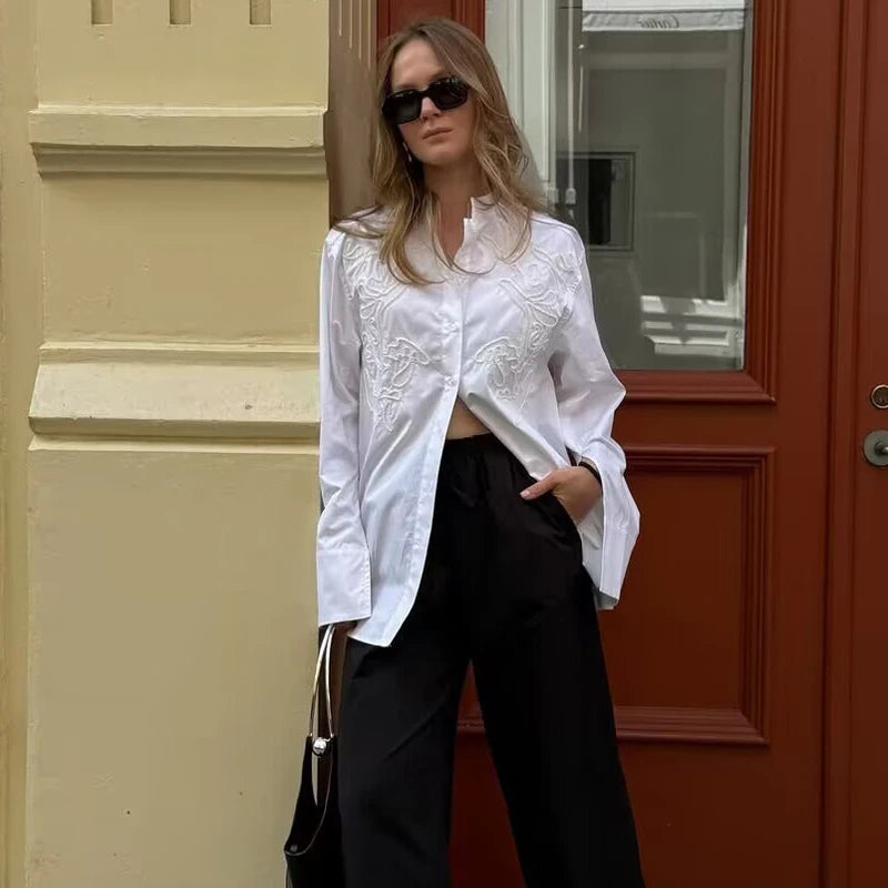 MUJER White Women's Shirt Embroidery Button up Shirts for Women Summer Casual Shirts Woman Long Sleeve Shirts and Blouses Woman