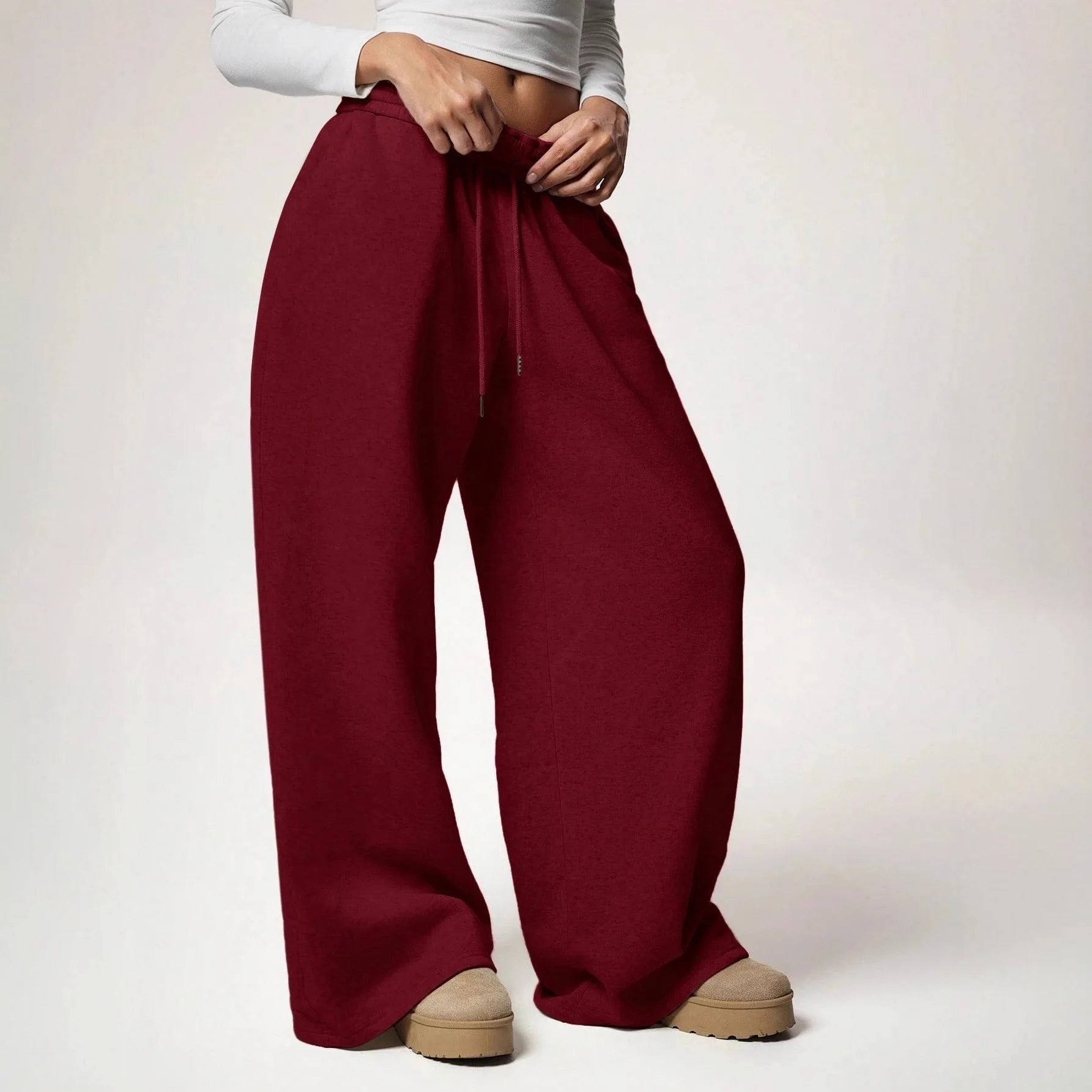 Women Add Velvet Thicken Sweatpants Autumn Female Elastic Waist Pocket Wide Leg Loose Trousers YQFS-OM023
