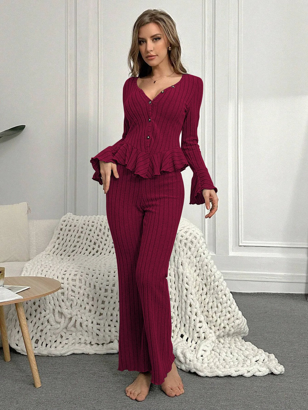 Women Sleepwear Autumn Winter Pajamas Sets Two Pieces Sexy V Neck Long Sleeve Tops and Trousers Set Loungewear Home Clothes