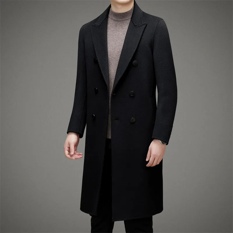High-end Men's Double-breasted Wool Coat Fashionable Long Wool Knee-length Casual Suit Jacket for Men Peak Lapel Customized Coat