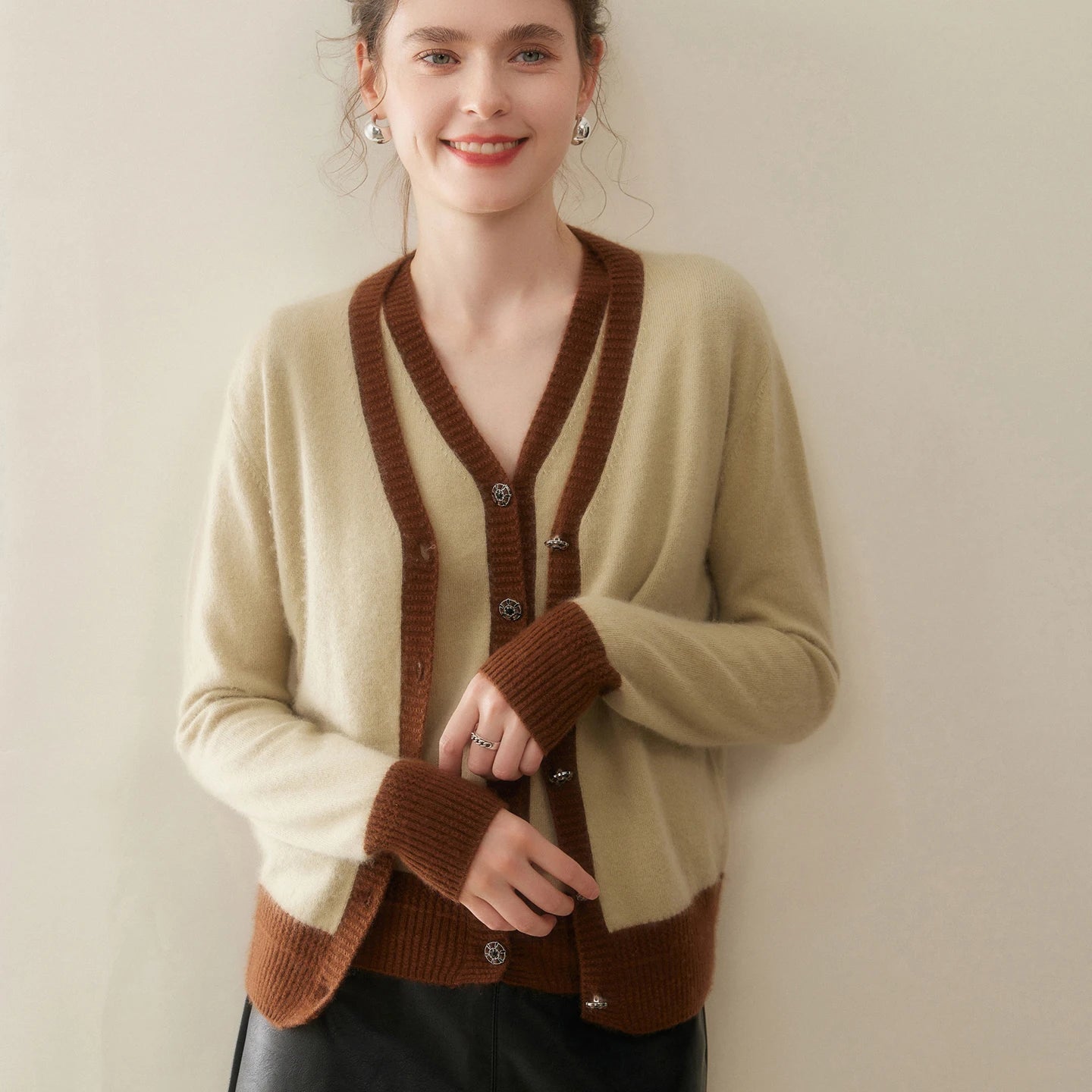 Women Cashmere Sweater V-neck  Cardigan and Vest Set Spring Autumn Winter 100% Cashmere Knitwear Long Sleeve Top Waistcoat Suit