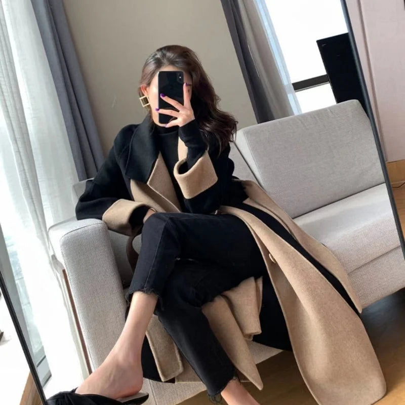 New Autumn Winter Women Coat Color Matching Turn-down Collar Double-breasted Mid Length Lady Coat Double-sided Female Overcoat