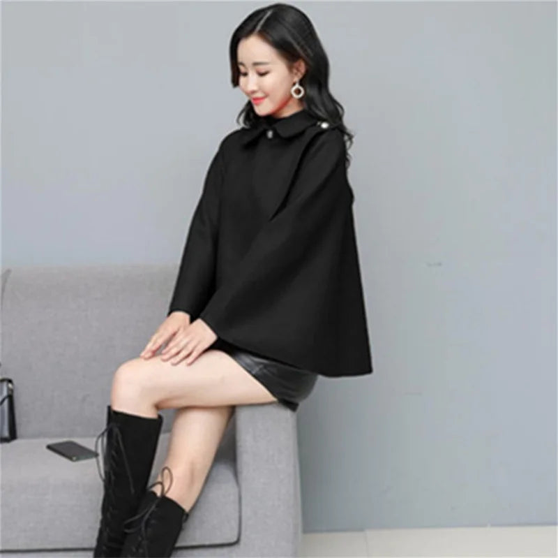 Fashion Woolen Shawl Coat For Women 2025 Autumn Winter New Woolen Jacket Short Outerwear Cape Red Black Coat Tops Female