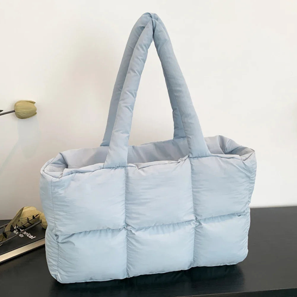 Women Padded Handbag Solid Color Quilted Single Shoulder Bag Large Capacity Soft Cloud Tote Bag Trendy Commuting Bags
