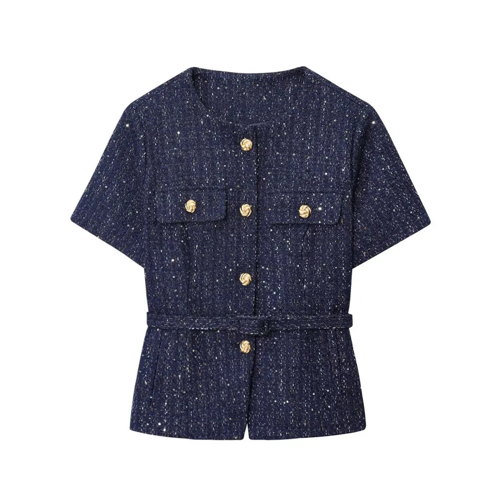 2025 Autumn New Women's Fashion Chic with Belt, Gold Button Decoration Round Neck Short Sleeve Blended Coat