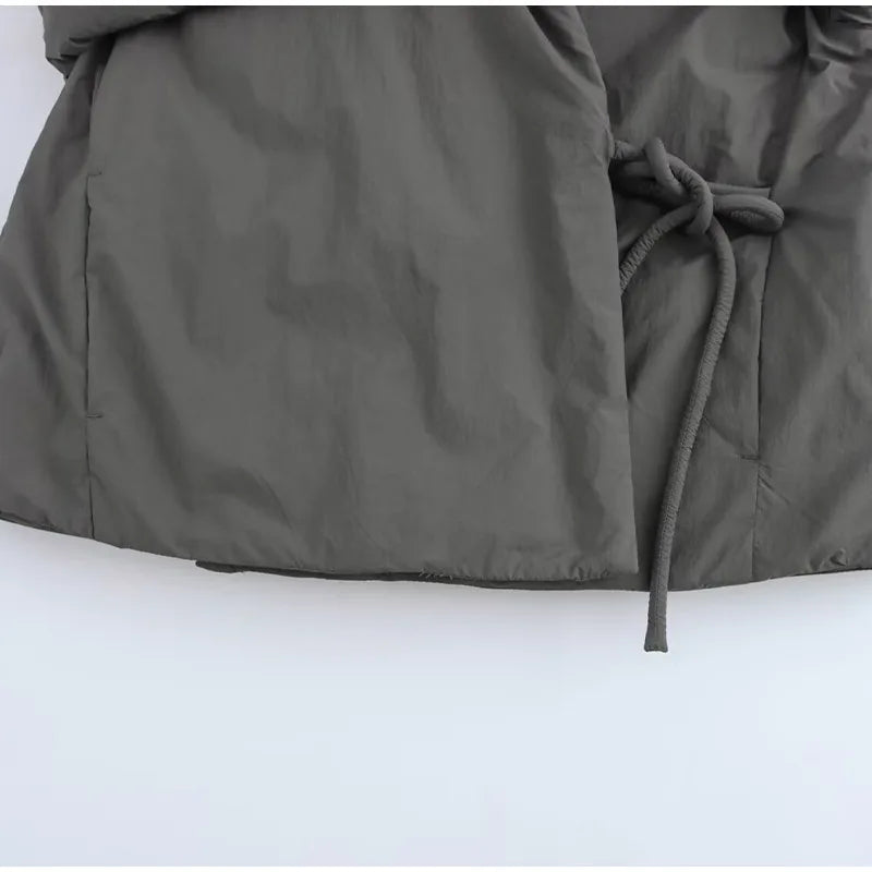 Casual Gray Lace Up Coat Women Cotton V-neck Luxury Pocket 2025 Autumn Thick Jackets Female Chic Street All-match Outwear Tops