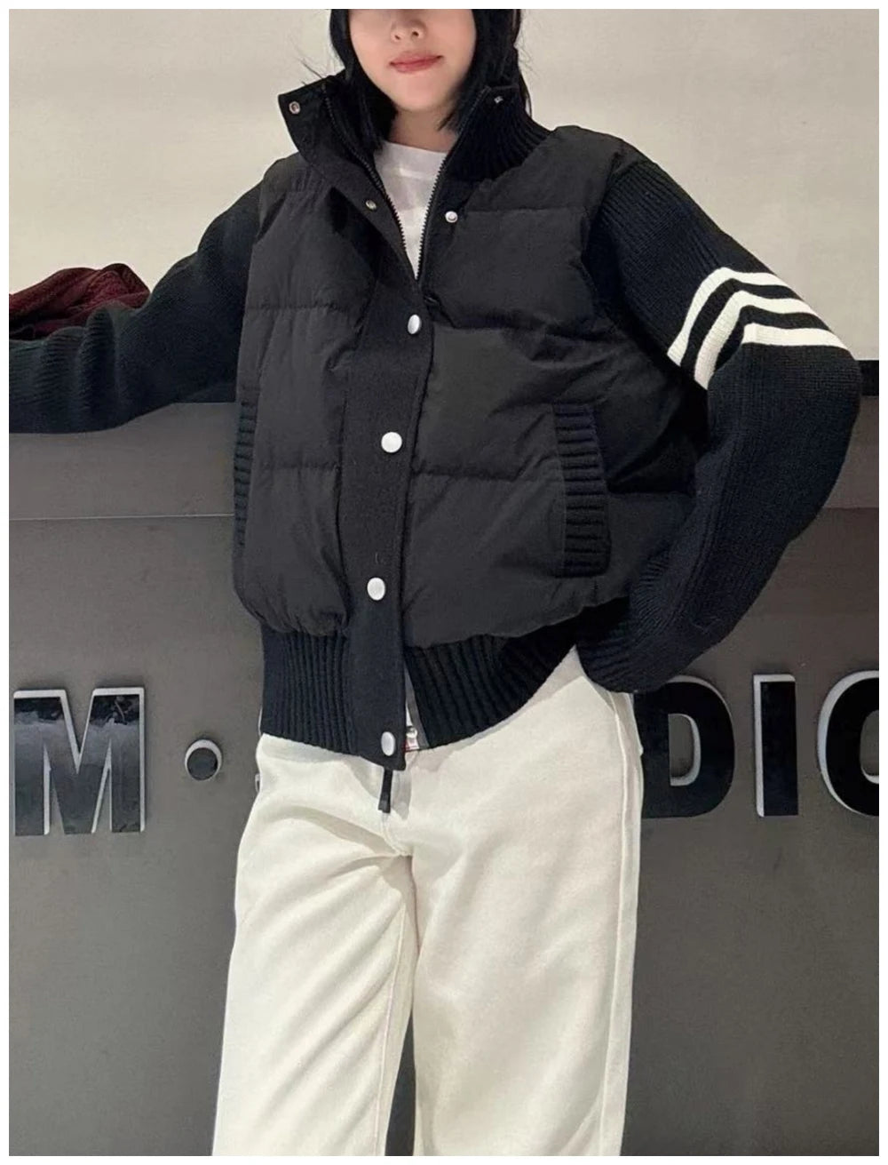 Womens Jacket Stand Collar Quilted Patchwork Knit Sleeves Casual Versatile Jacket Essential Autumn And Winter Item Trafizaran