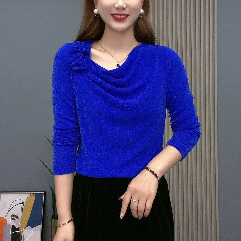 Women's Clothing Vintage Pile Collar Floral Solid Color Pullovers T-shirt  Autumn Slim Gauze Spliced Stylish Sequined T-shirt