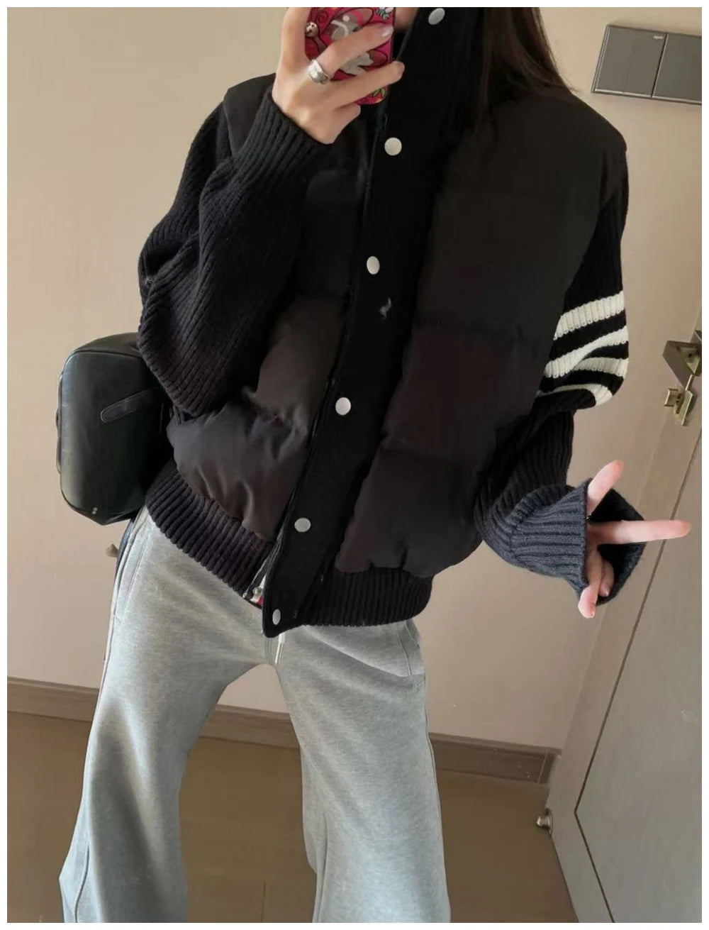 Womens Jacket Stand Collar Quilted Patchwork Knit Sleeves Casual Versatile Jacket Essential Autumn And Winter Item Trafizaran