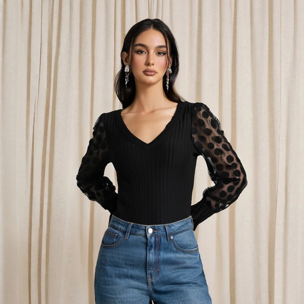 Women's Blouses Spring Fashion Sexy Office Lady See-Through Long Sleeve V-Neck Skinny Fit Dating Blouses