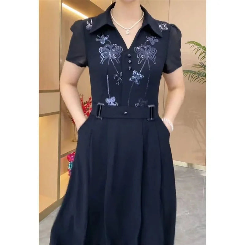 Women Western Style Dress Summer Spring New Fashion High-end Sequin Long Dresses Middle Aged Mother Elegant Slim Vestidos Mujer