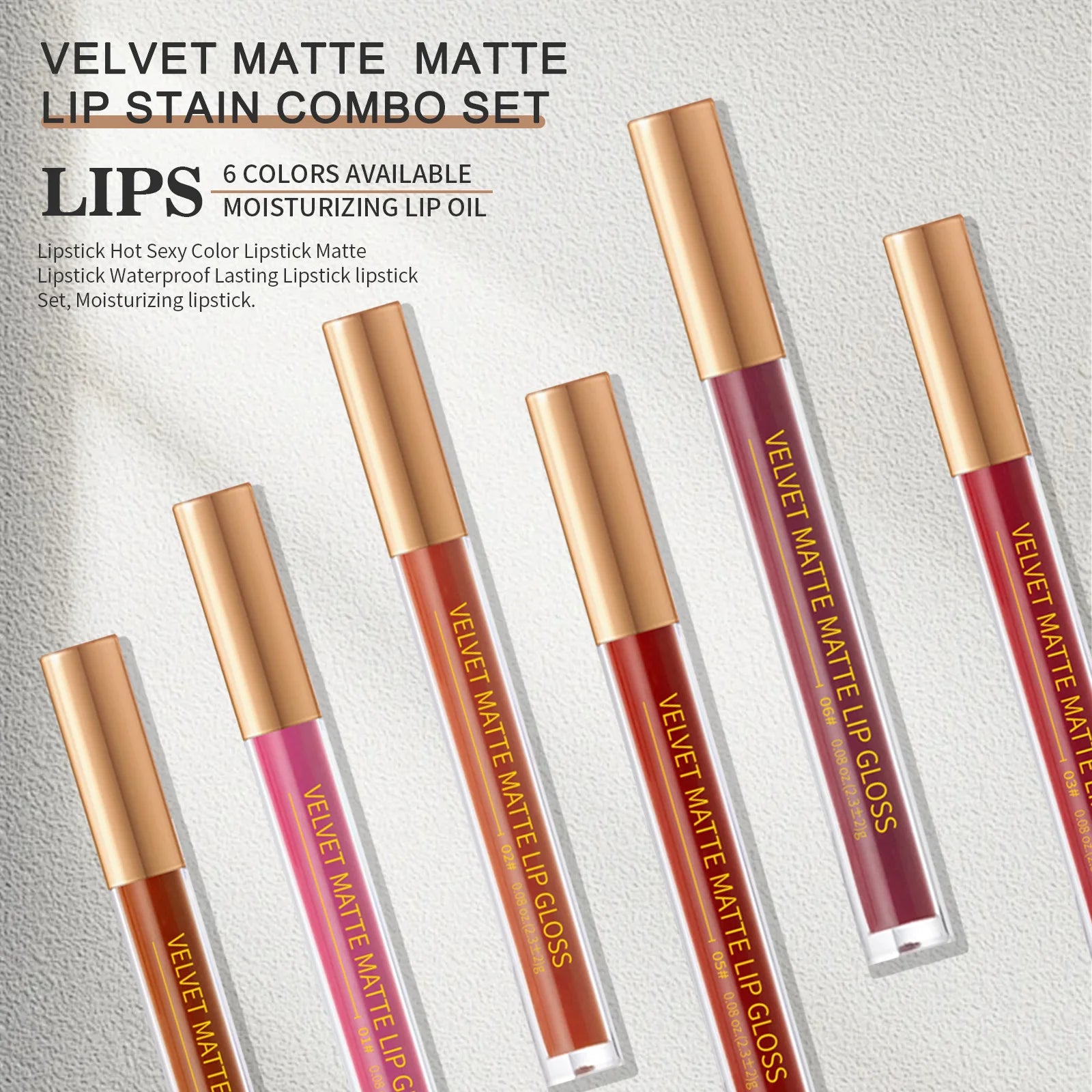 6pcs/set Nude Lip Gloss Matte Velvet Lipstick Makeup Waterproof Long-lasting Liquid Lipstick Women Moist Lip Tint Cosmetics