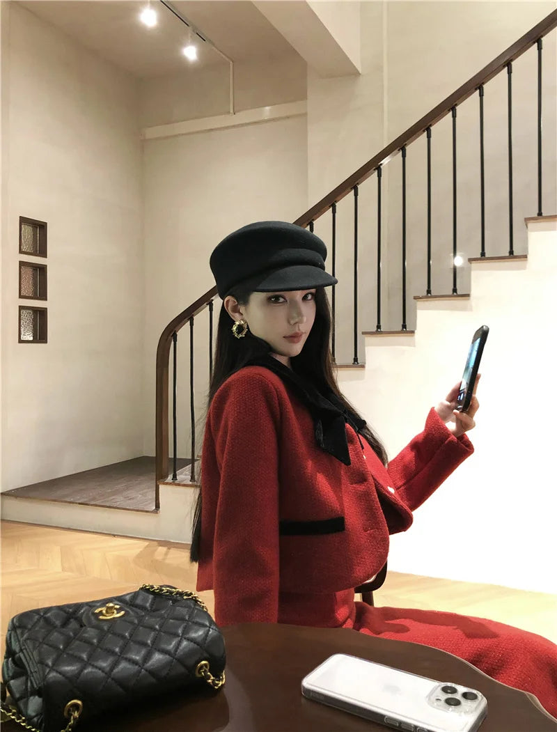 Winter Outfit Women 2024 New Elegant Lady Thickened 2 Pieces Sets Women Sweet Fashion Short Coat High Waist Long Skirt Suits