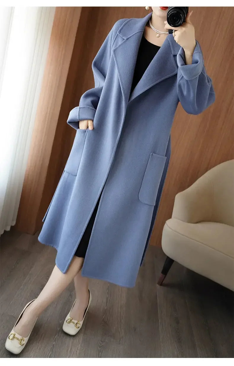 100% Wool Coat Women's Wear 2025 Autumn/Winter Fashion Temperament Double sided Cashmere Coats with Belt Elegant Long Overcoat