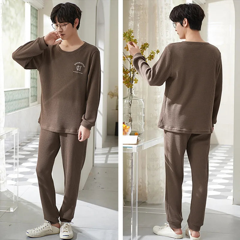 Men's Clothes Fall and Winter Pajamas Cotton Waffle Fashion Solid Color Comfortable Elastic Loungewear Homewear Youth Sleepwear