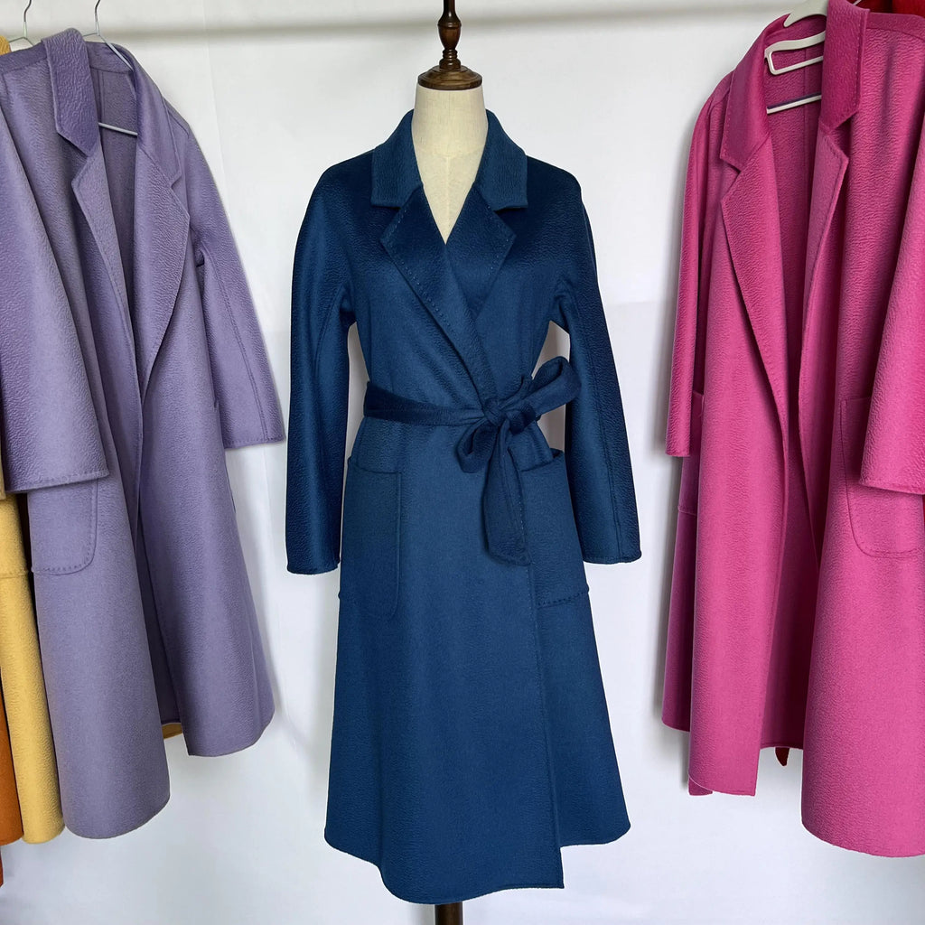 Cashmere Coat Female Winter Mid-Length Corrugated Coat Black Wool Coat Woman Autumn New Casual Fashion Red Beige Lace-Up Coat